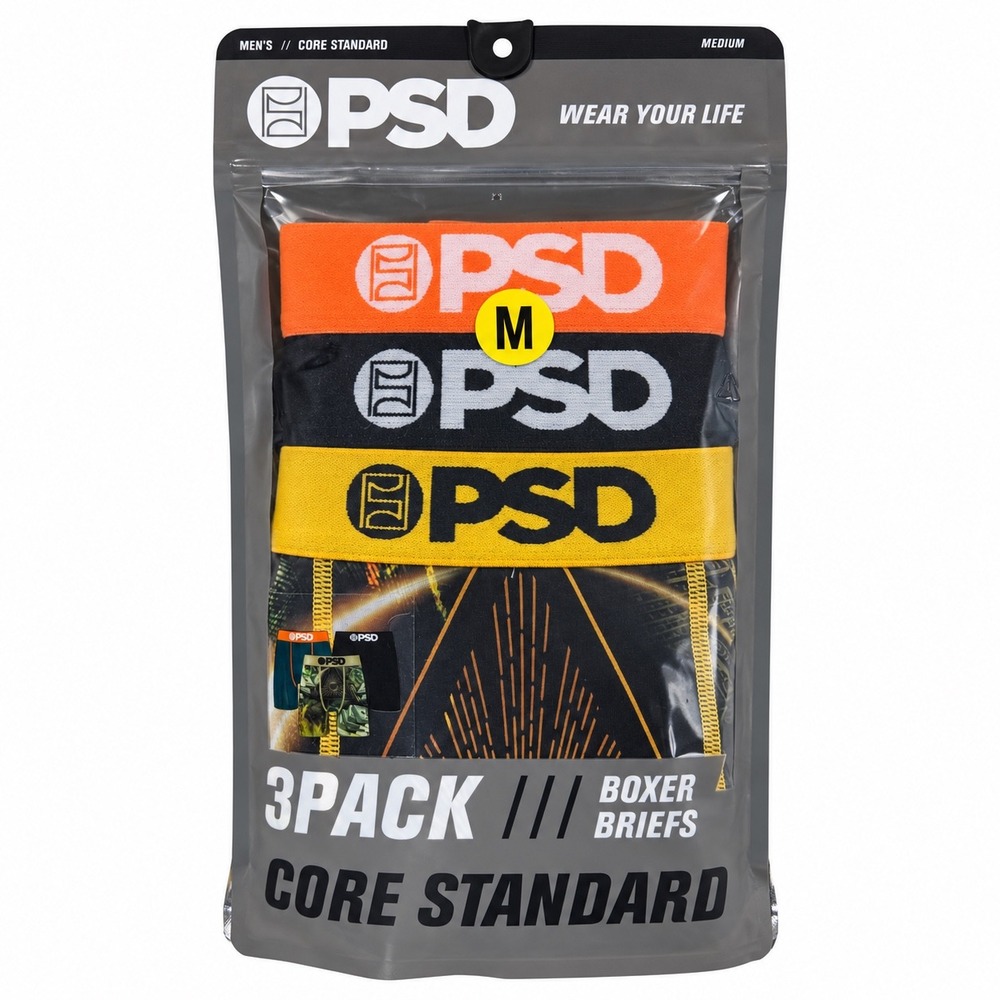 PSD Underwear Mens Core Standard Boxer Briefs 3-Pack Multi Color Size Medium